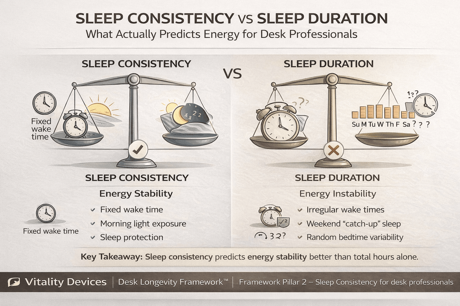 Sleep Consistency vs Sleep Duration: What Actually Predicts Energy for Desk Professionals