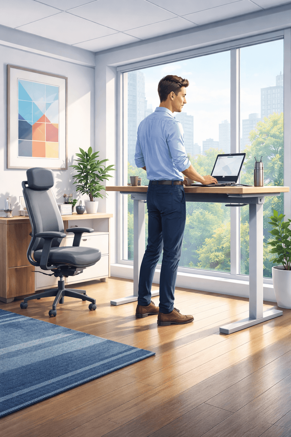 Man working at adjustable standing desk in bright modern office