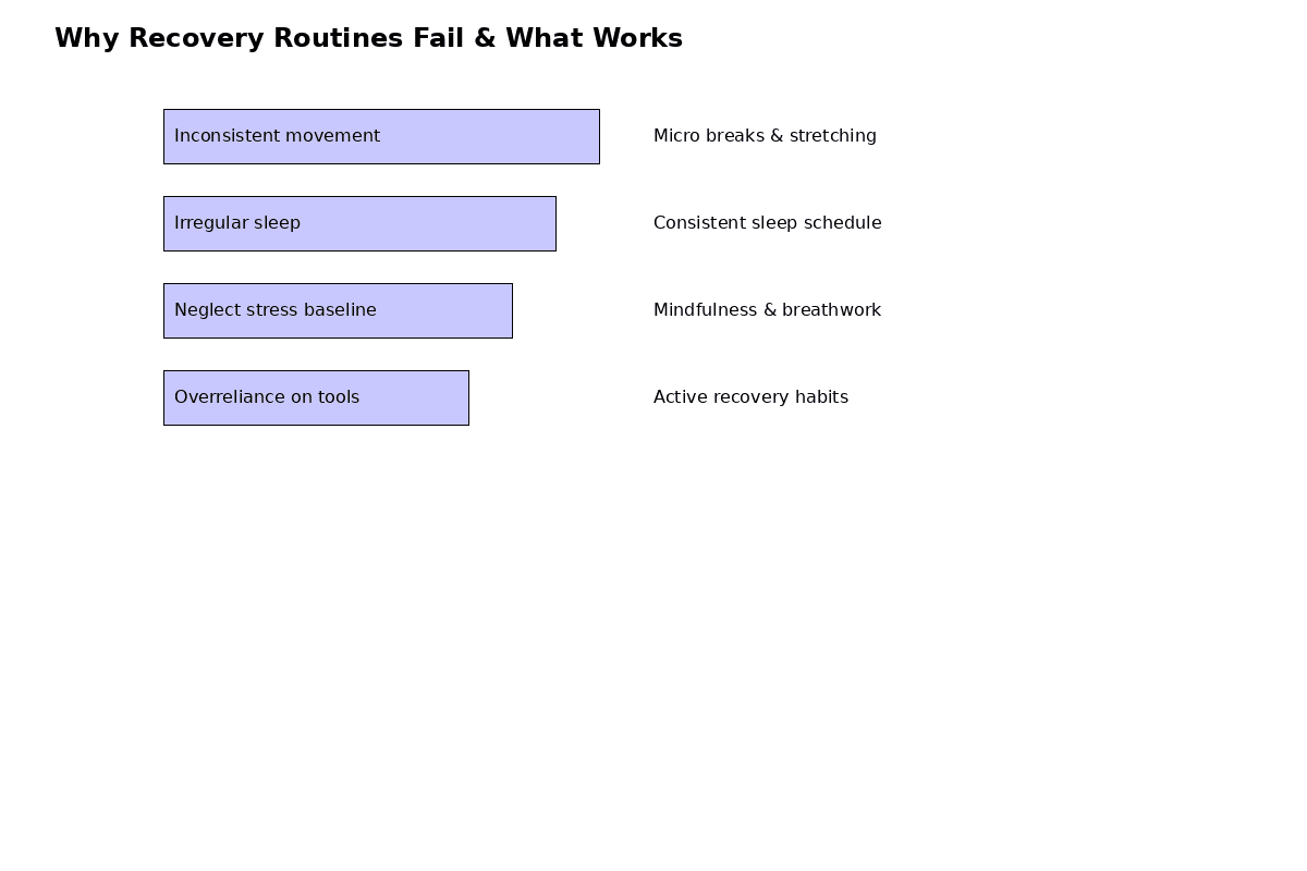 Infographic summarizing why recovery routines fail and what works for desk professionals